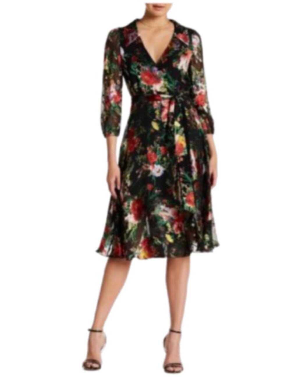 NWT Alice + Olivia Abney Wrap Midi Dress Womens 8 Black Red Floral V-Neck NEW - Picture 1 of 11